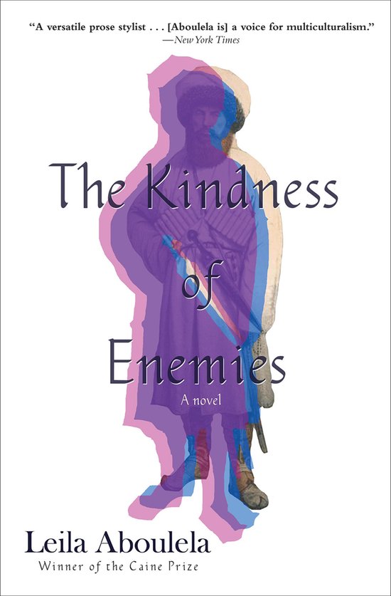 Boek kaft: The Kindness of Enemies, met een gestileerde, overlappende afbeelding van een persoon in een paars, blauw en roze overlay. Getiteld 'The Kindness of Enemies', door Leila Aboulela.