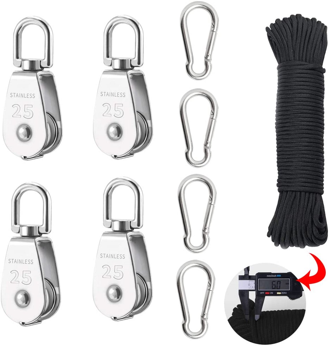Set van 4 RVS Katrolwielen voor Kabel en Staalkabel - Enkel en Dubbel