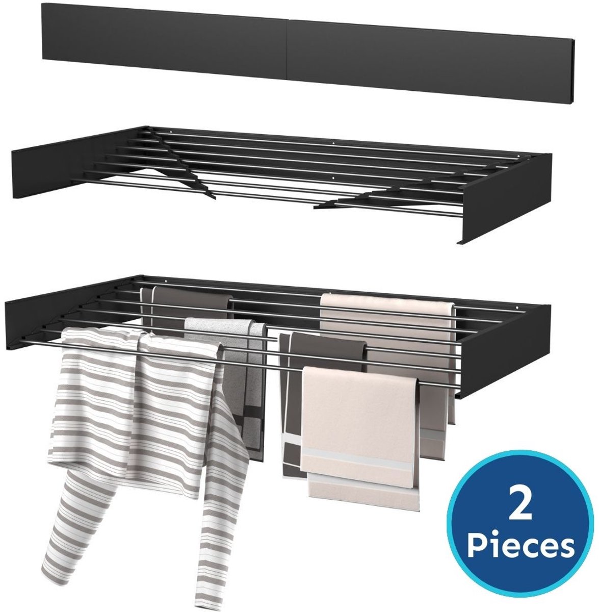 Wasophoogte® Wanddroogrek - Wandmontage Droogrek - Inklapbaar Droogrek - Muurdroogrek - Wasrek hangend - 120cm - 8,4m Drooglengte - Zwart - 2 STUKS