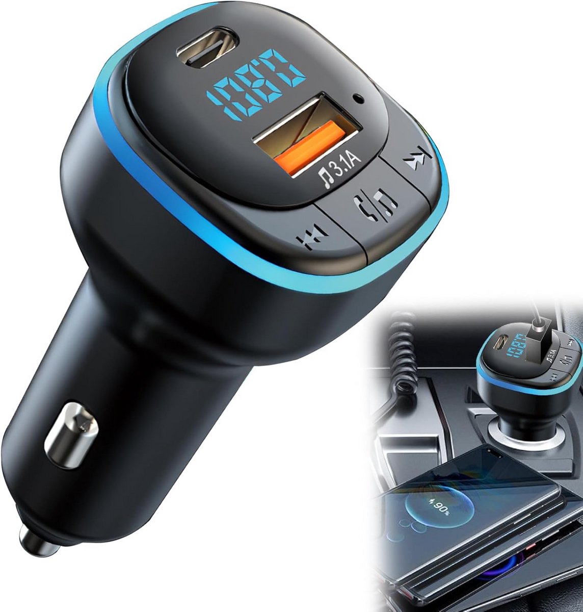 Bluetooth 5.0 FM Transmitter Auto Adapter met USB & Type-C Opladen en Handsfree Bellen