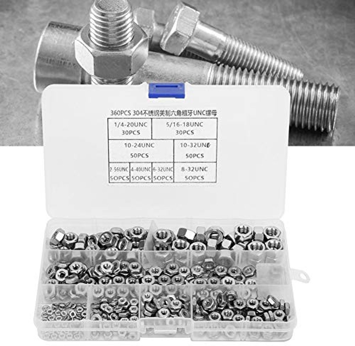 360pcs Zeskantmoer Roestvrij Staal Zeskantmoeren Grove Draad Amerikaans Systeem UNC Moeren Bevestigingsmiddelen Schroefmoer Reparatie Gereedschap