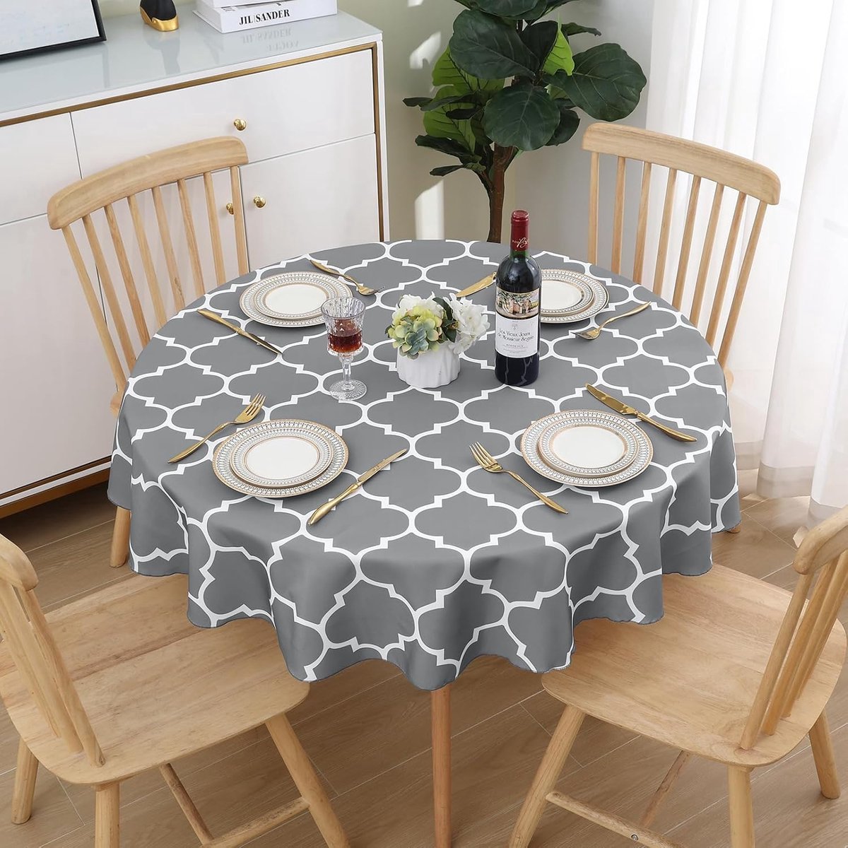 Stunq® Tafelkleed afwasbaar, rond, 140 cm, polyester, waterafstotend, lotuseffect, Marokkaans tafellinnen, vuilafstotend, afwasbaar, tafelkleed voor buiten, feest, keuken, grijs
