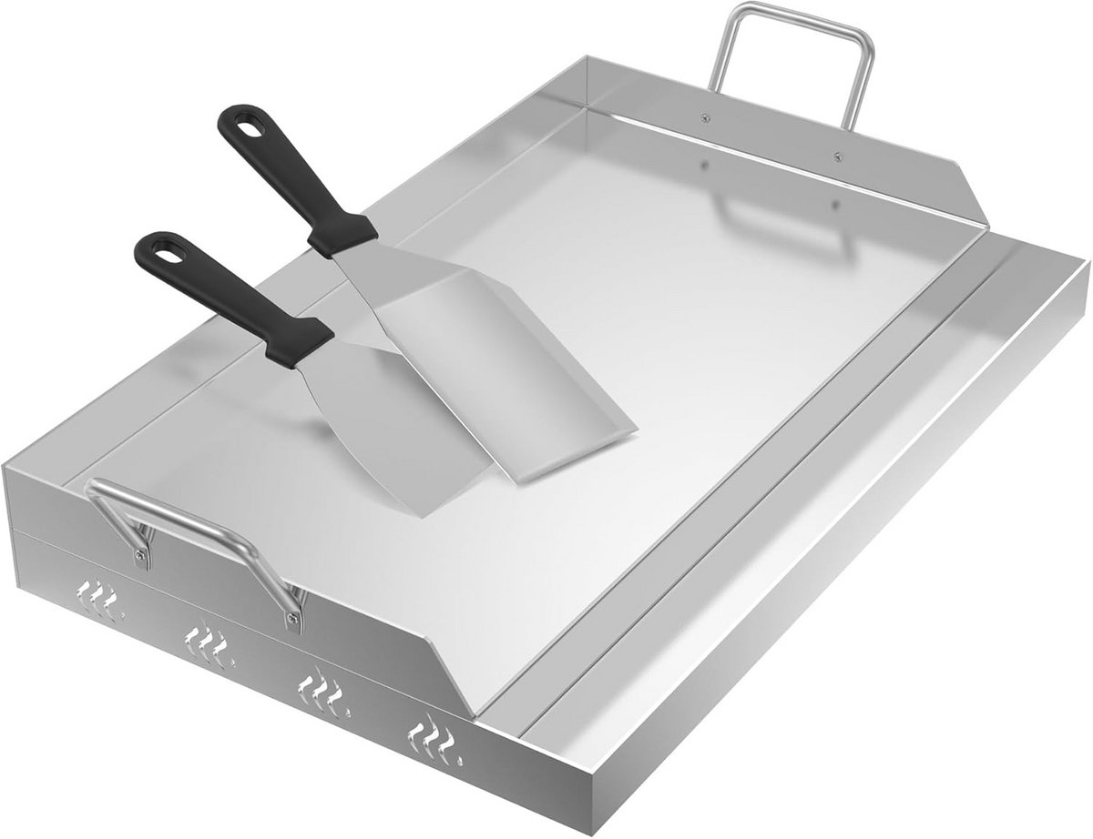 Grillplaat Roestvrij Staal - Universele Grillpan - Buiten Koken - Met Vetafvoer - 54 x 32 cm - Zilverkleurig