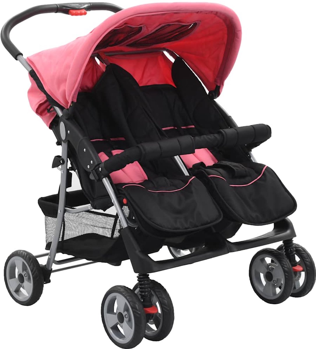 Bol.com vidaXL - Tweelingkinderwagen - staal - roze - en - zwart aanbieding