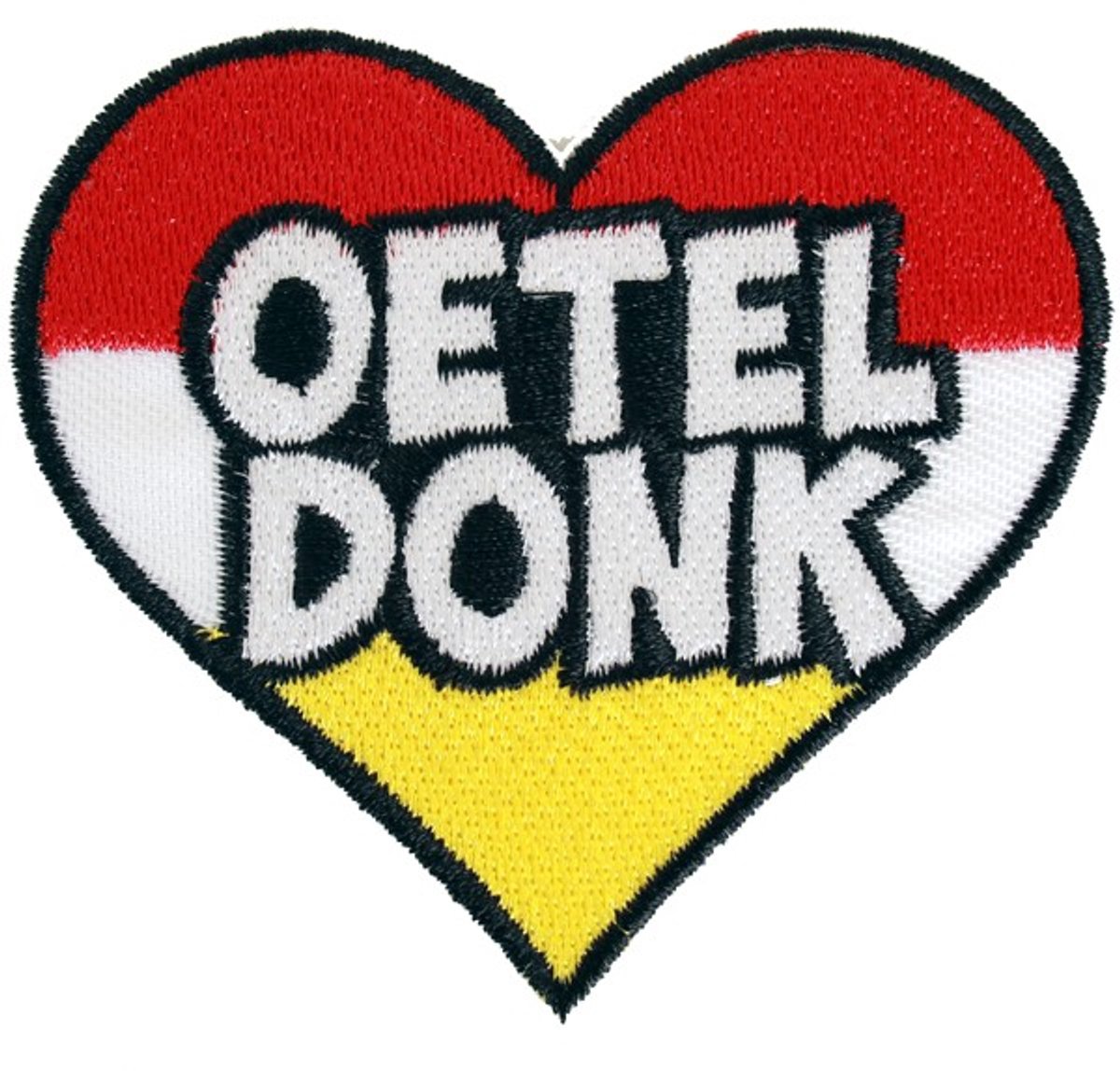 Applicatie Oeteldonk hart rood/wit/geel 7 cm hoog