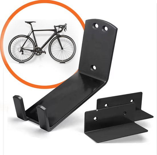 Zwarte metalen fietsmuurbeugel met twee extra steunen en een afbeelding van een zwarte racefiets.