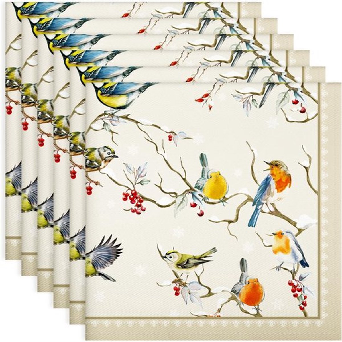 Stunq® Set van 6 Luxe Katoenen Servetten met Sneeuwvogel Kerstmotief voor Feestelijke Tafelaankleding