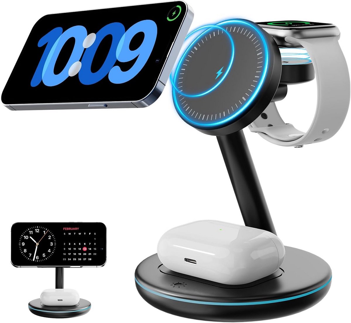 Magnetisch 3-in-1 Draadloos Oplaadstation met LED-lamp