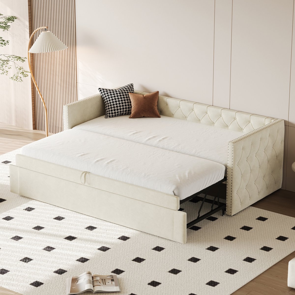 Sweiko Slaapbank - 90/180 × 200 cm - Uitschuifbaar bed - Velvet - Beige (zonder matras)