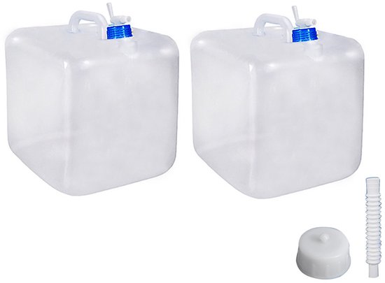 2-stuks 20L Opvouwbare watercontainer - Noodwateropslagcontainer - Grote capaciteit kampeerwaterzak voor buiten - Met kraan, afsluitdop en telescopische buis - Geschikt voor kamperen, wandelen, picknicks en andere buitenactiviteiten - Transparant