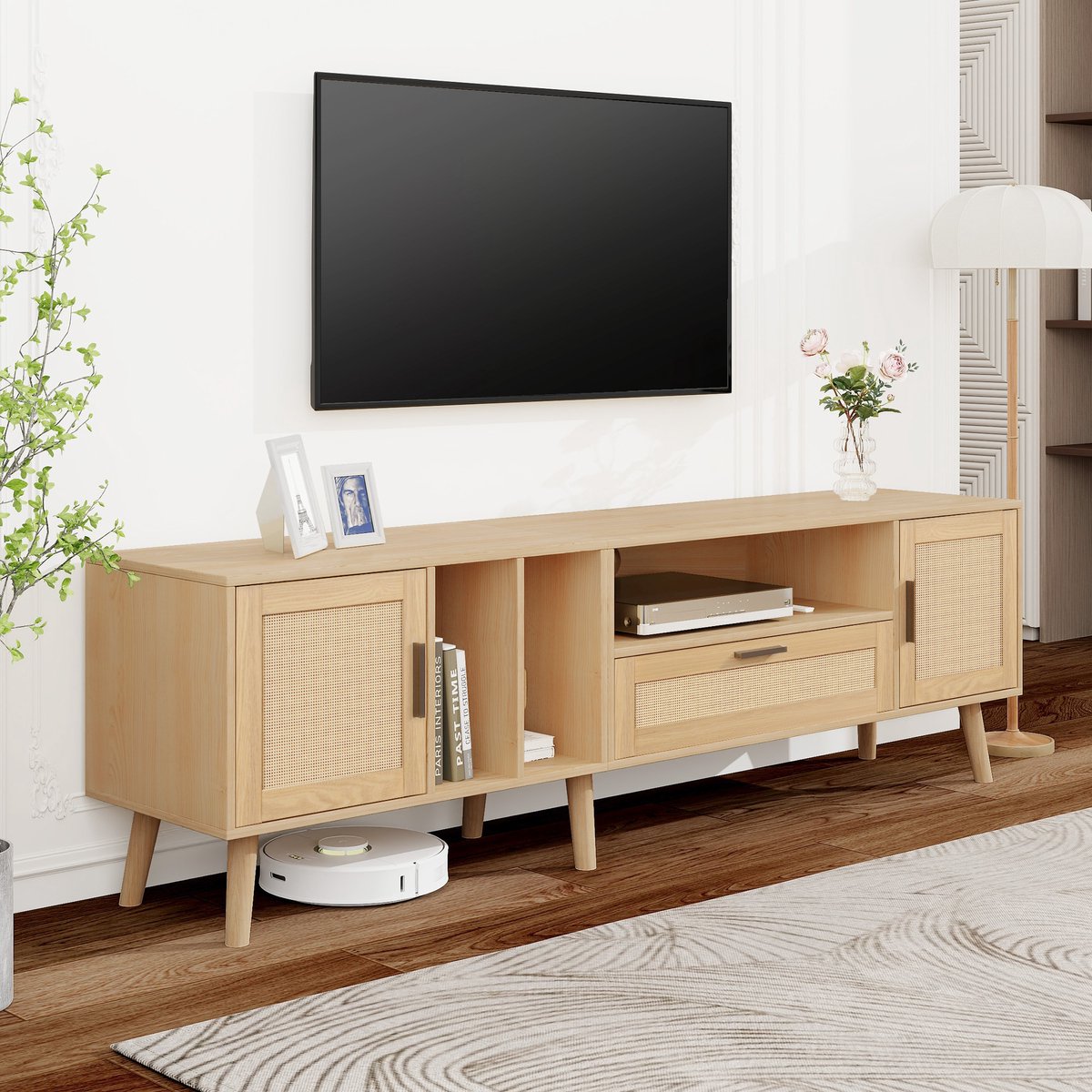 REDOM TV-meubel 180 cm van spaanplaat in eiken met PE-rattan, 2 deuren en 1 lade, geschikt voor 80-inch tv