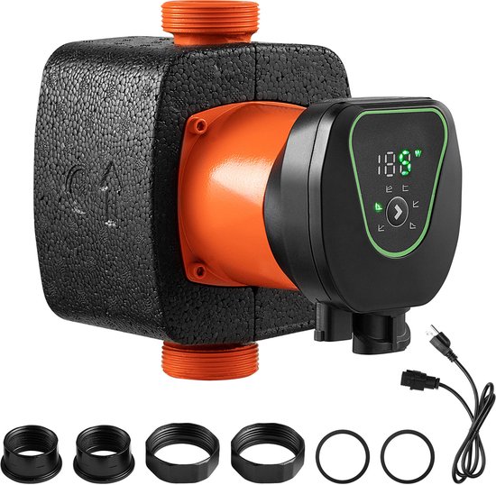 Zwarte, schuimige behuizing met oranje circulatiepomp, digitale display en schroefdraadaansluitingen. Inclusief accessoires.