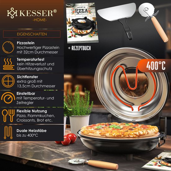 KESSER® Pizzaoven – 5 Warmtestanden tot 400°C – 15 Min Timer – 32 cm Pizzasteen – Inclusief Receptenboek — afbeelding 4