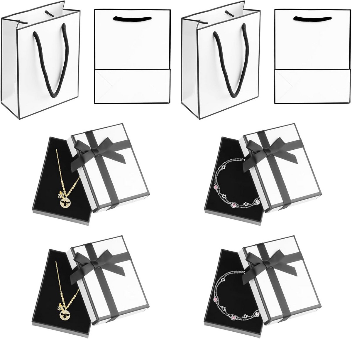 Set van 2 Luxe Sieradendoosjes met Deksel en Cadeauzakjes voor Oorbellen, Kettingen en Armbanden (9x7x3 cm, Wit)