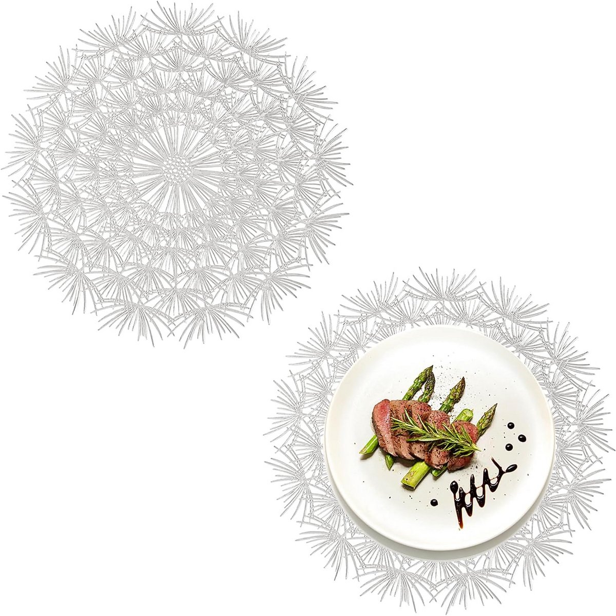 2 Stuks Ronde Placemats Zilver - Luxe Geperst Vinyl Tafelmatten met Bloempatroon