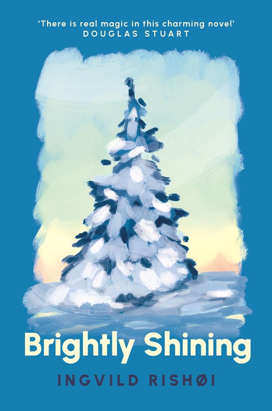 Boekcover van 'Brightly Shining' met een besneeuwde kerstboom op een blauwe achtergrond.