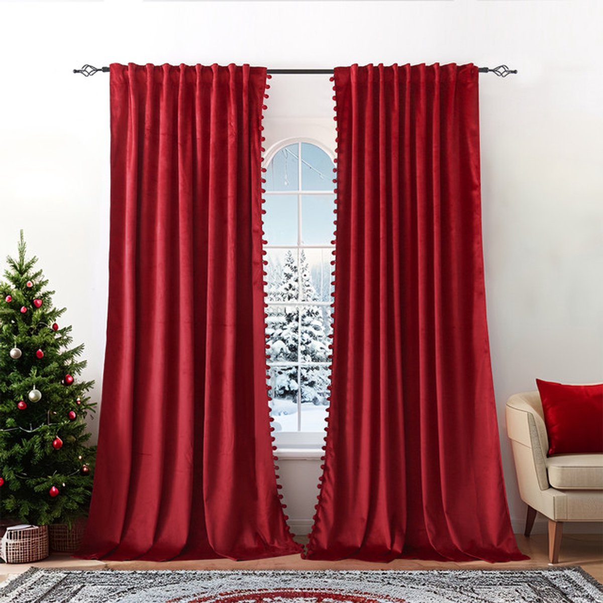 MUPOO Velours Gordijnen met Pompoms – 2 Stuks Kerst Gordijnen, Verduisterend en Warmteblokkend, Voor Woonkamer en Slaapkamer, Feestelijk Rood, Kerstversiering, Winter Party Decor, 132x274 cm