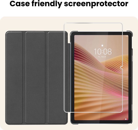 Case friendly screenprotector voor een tablet, naast een donkergrijze tablethoes.
