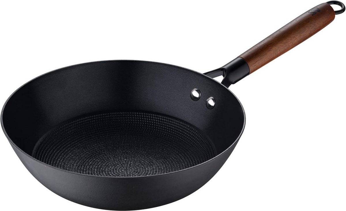 Gietijzeren Wokpan met Non-Stick Coating en Ergonomisch Houten Handvat