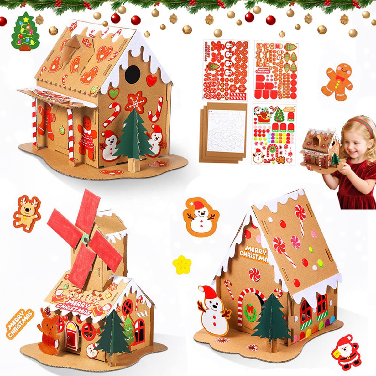 3 stuks miniatuur kerst DIY knutselset: kerst kartonnen peperkoekhuisjes. Geschikt voor kerstfeest decoraties.