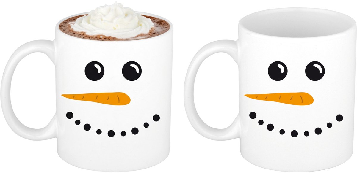Bellatio Decorations Koffiemok - 2x - Sneeuwpop - 300 ml - keramiek - kerstcadeau - kerstmis