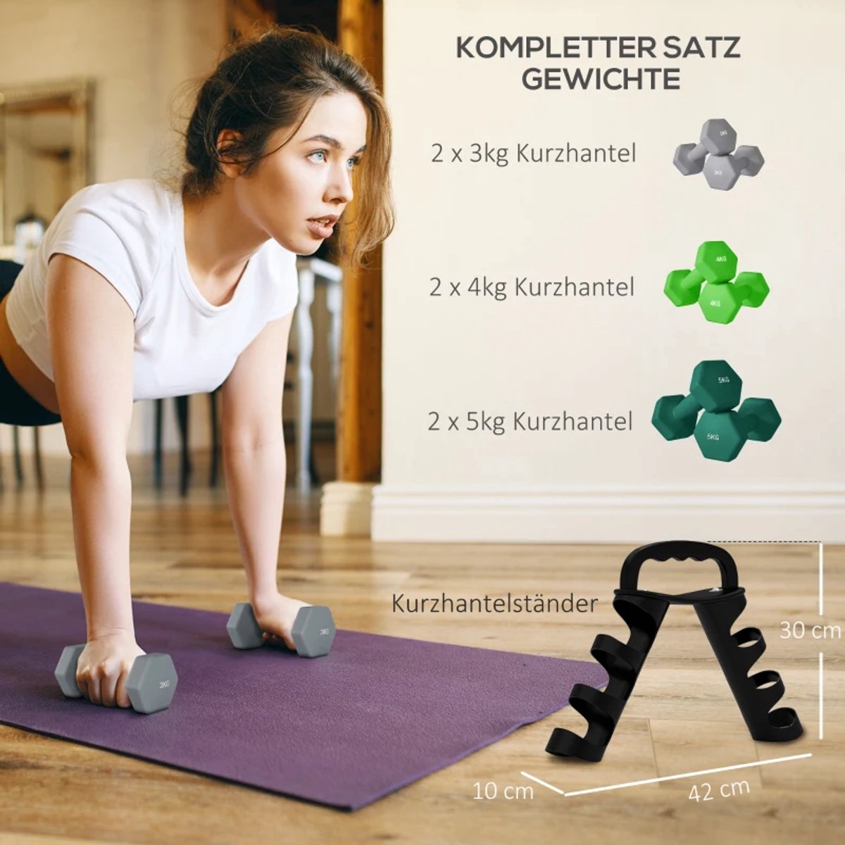 Halterset met Halterstandaard - Dumbells - Gewichten - Dumbells set van 6 Halters - Gewichten Fitness - 2 x 3 kg, 2 x 4 kg, 2 x 5 kg - Halter set voor Krachttraining, Workout, Gym thumbnail 3