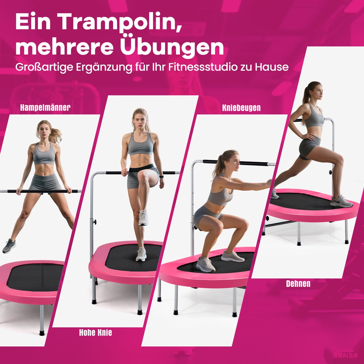 COSTWAY Trampoline voor 2 personen met in hoogte verstelbare handgreep, mini-trampoline tot 150 kg belastbaar, kindertrampoline inklapbaar, tuintrampoline voor kinderen en volwassenen (roze) — afbeelding 9