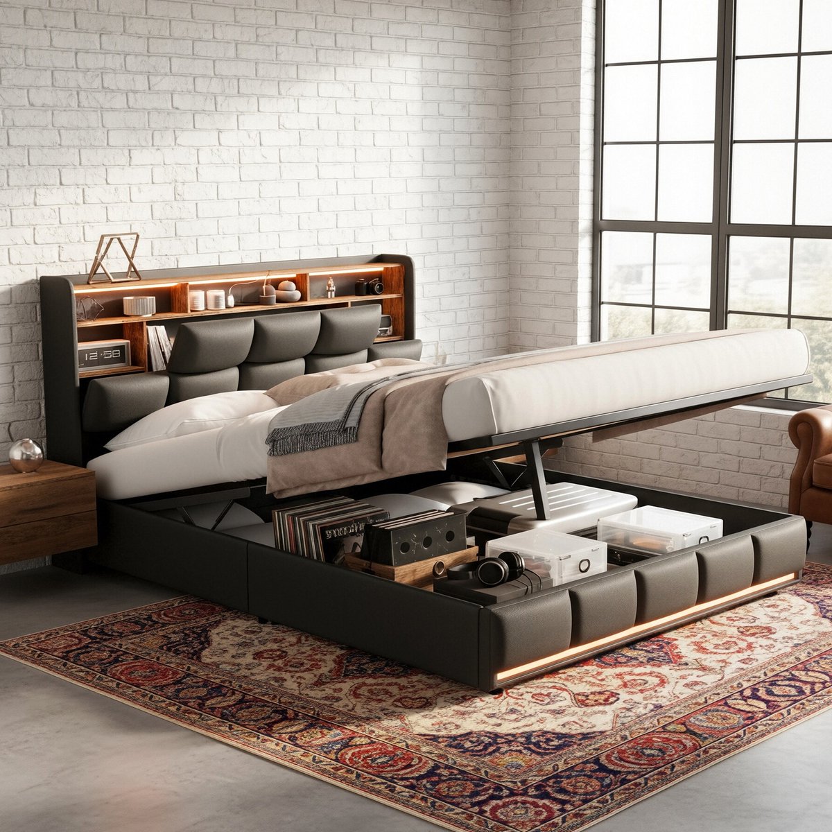 ADFBL Ottomaans Bed 160x200 Zwart - Lederen Bed met LED & Stopcontact | Opbergruimte & USB-poorten