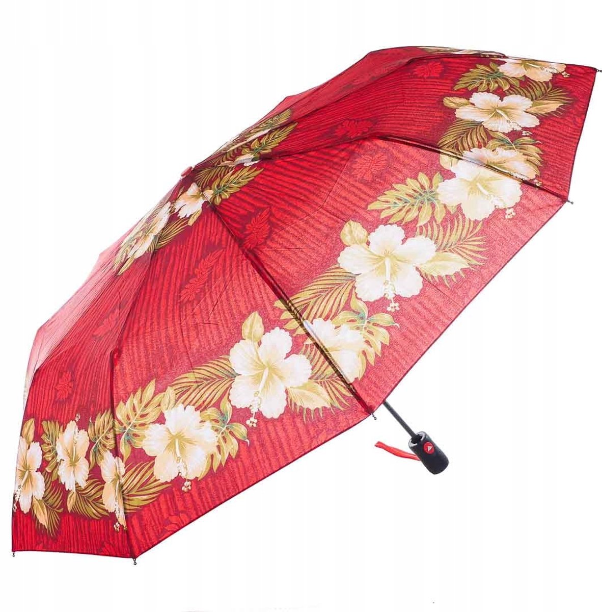 Merkloos Damesparapluie met bloemenprint, halfautomatisch, rood, met hoes