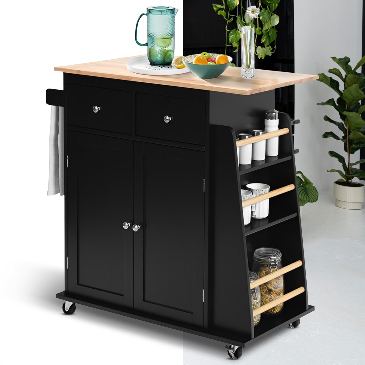 Bol.com Keukeneiland - Verplaatsbaar - Keukenkast - Dressoir - Organizer - Kasten - Houten Werkblad - Lade - Zwart aanbieding