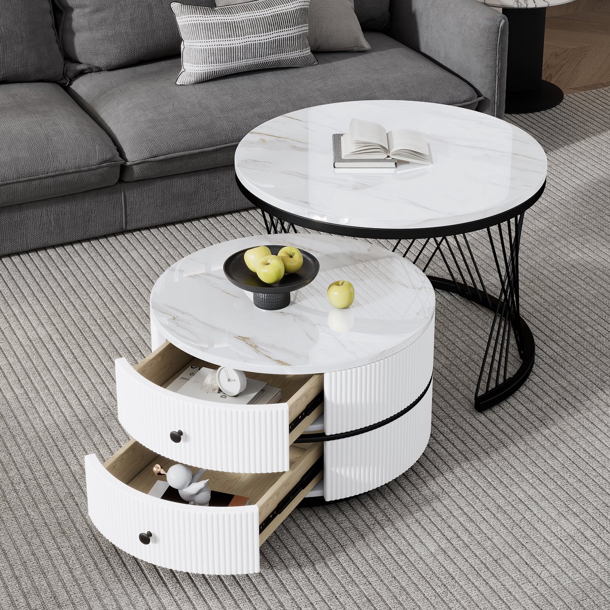 STILVORA Salontafels - Salontafel Met Lade En Marmerlook - 2 Delige Rond Set Voor Woonkamer - MDF - Zwart - 60x60x46+50x50x30.8 cm