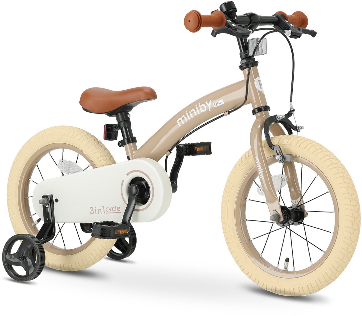 Qplay Miniby Luxe Kinderfiets 14 inch - 3 in 1 Loopfiets - Mocha