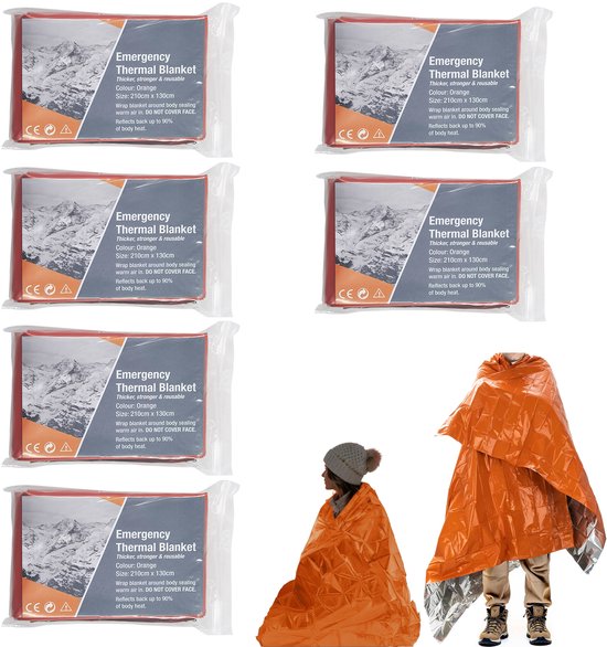 draagbare nooddeken, Survival Emergency Thermische Dekens, 28um voor Buitenshuis Koude Winterkamperen, Wandelen, Auto Bug Out Bag of EHBO - Oranje 6-Pack 130x210cm, Dient als schuilplaats, poncho, schaduw, grondbedekking of noodsignaal - Cyslmuk®