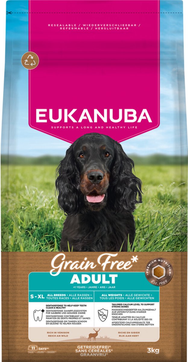 Eukanuba Graanvrij hondenvoer voor volwassen honden, alle rassen, hert, 3 kg