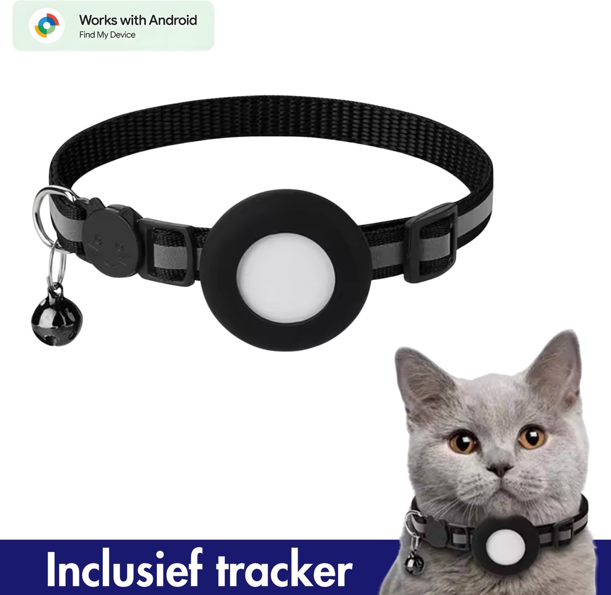 Kat tracker voor Android - Loshall - Compatibel met Android Find My Device - Halsband inclusief tracker voor Android - Bluetooth tracker - Google Find Hub - Onbeperkte lokalisering - Met geluidssignaal - Waterdicht - Zwart