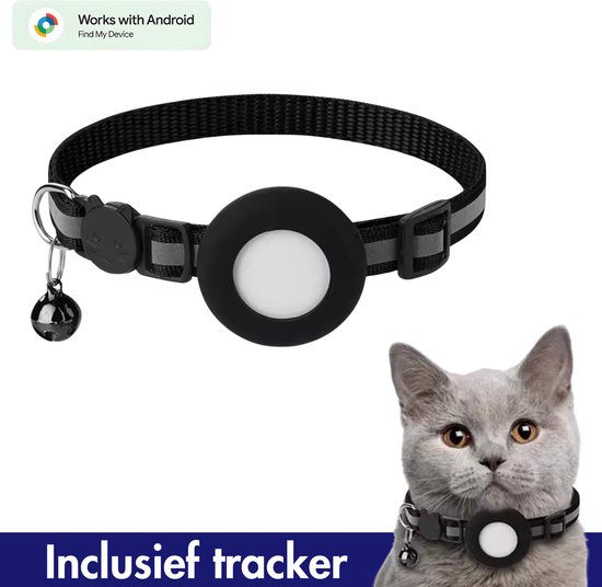 Grijze kat met zwarte trackerhalsband. Halsband met kattenclip, belletje, en trackerhouder.