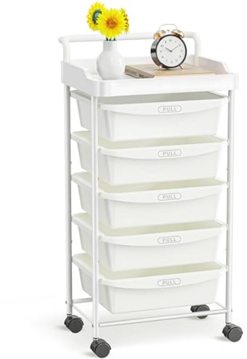 Multifunctionele Rollende Kar met 5 Laden en Tafelblad - Organizer voor Thuis en Kantoor, Wit