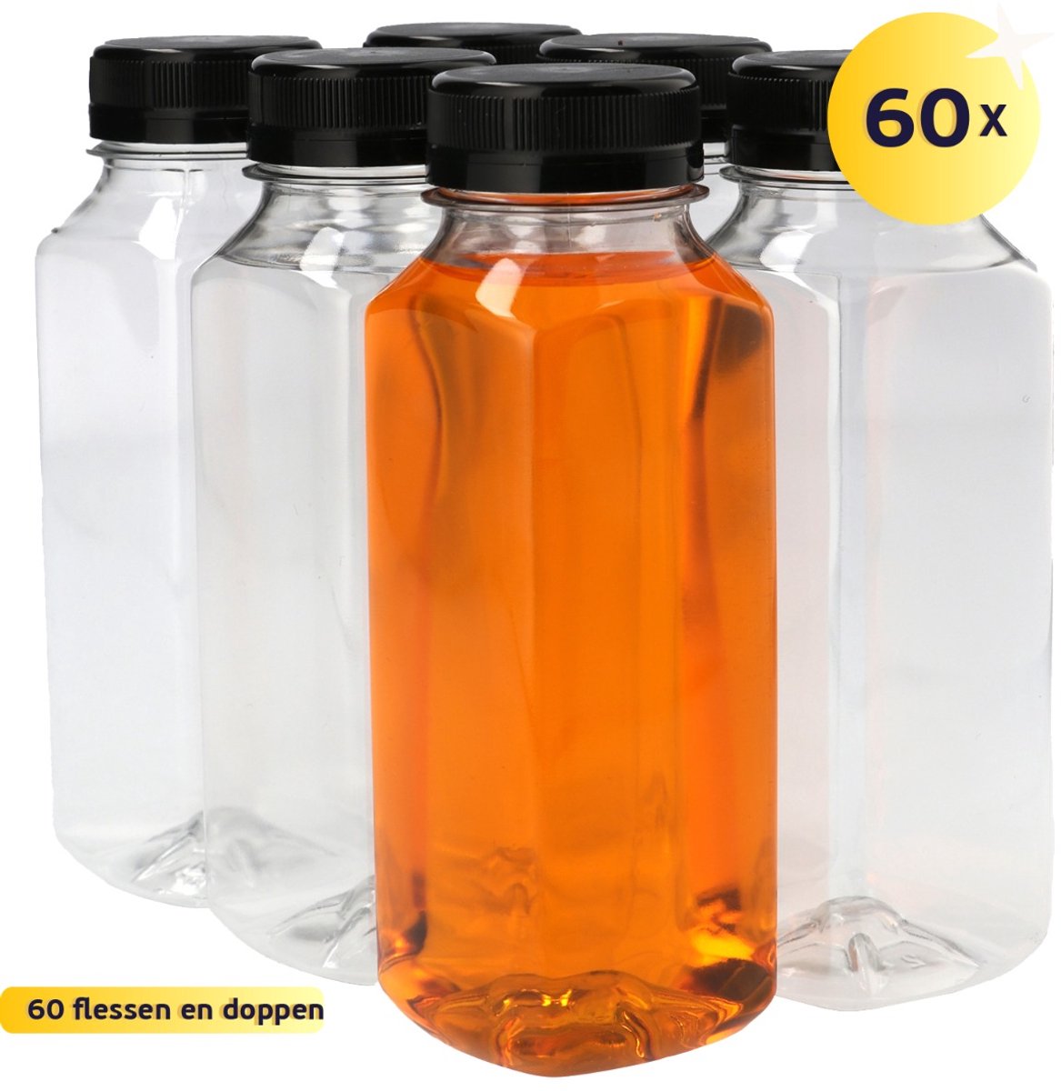 60 x Sapfles Plastic 250 ml - Vierkant - PET Flessen met Dop zwart- PET Kunststof BPA-vrij - Plastic Flessen Navulbaar - Met Dop - Lege Flessen - 60 stuks