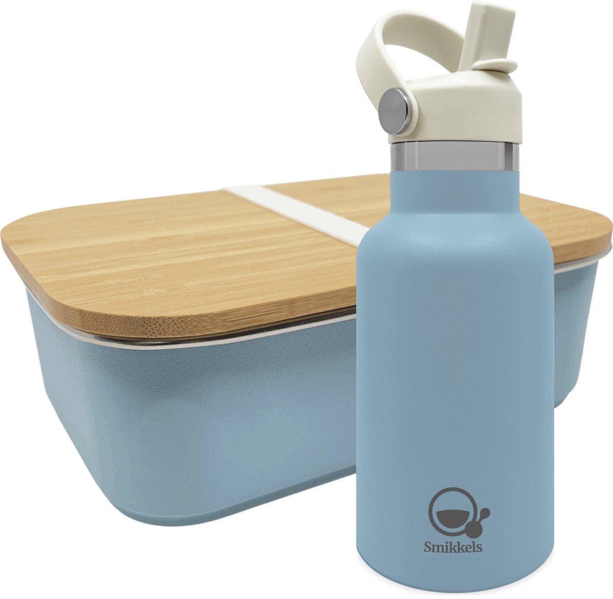 Smikkels - Lunchset RVS lunchbox met thermos drinkfles - Blauw - Schoolset kinderen - Thermosfles 350ml met vernieuwde rietjesdop - Broodtrommel 900ml