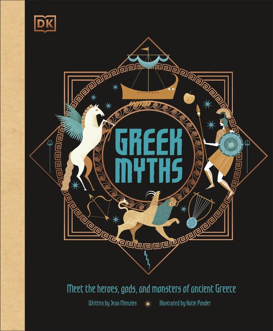 Griekse mythen boek met illustraties van een gevleugelde paard, leeuw, harp, pijl en boog.
