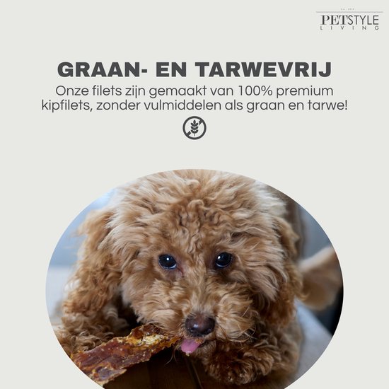 Bruine hond met krullend haar eet een kipfiletstrip, graan- en tarwevrij.