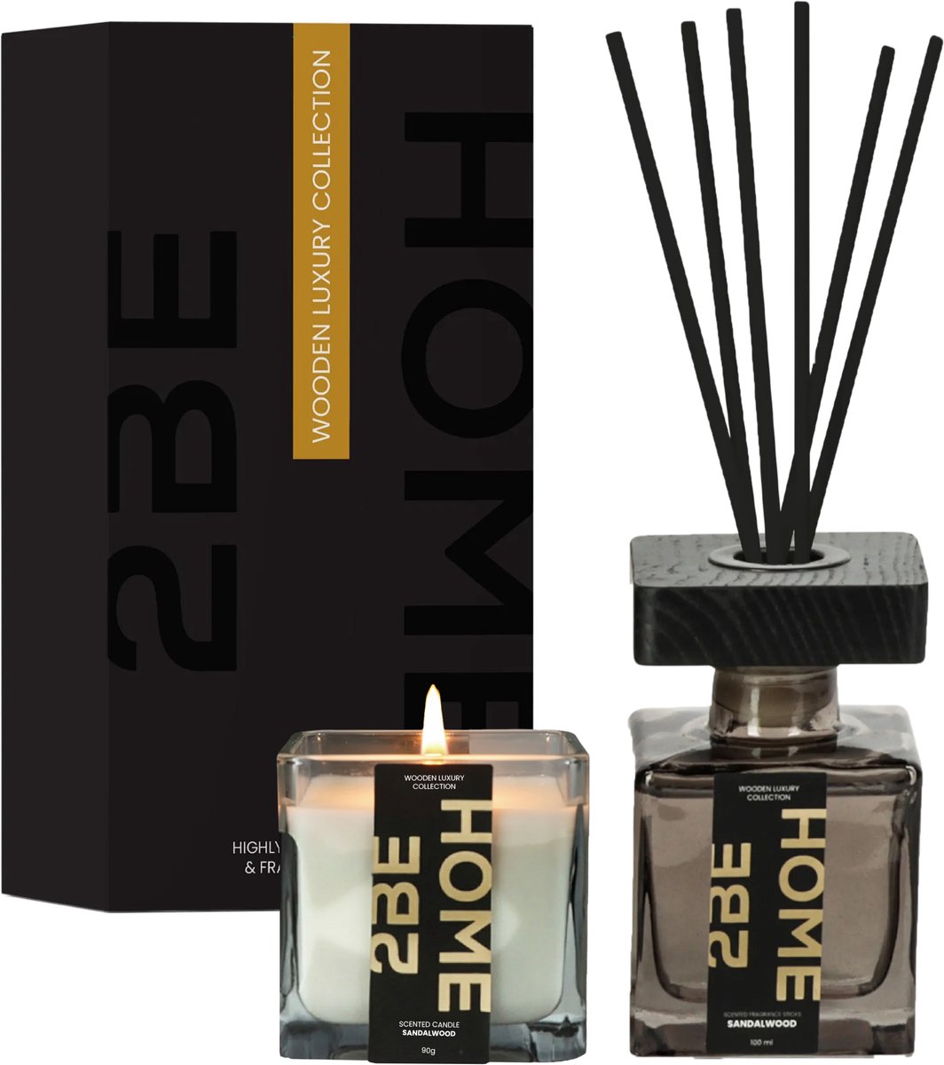 2BEHOME Geurkaars & Geurstokjes Set - Sandalwood - Huisparfum - Fragrance Sticks - Luchtverfrisser - Geurverspreider - Geurkaarsen Geschenkset - Geur Kaars - Wooden Luxury Collection - Zwart