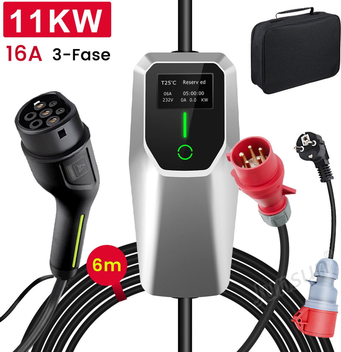 Hexinex Draagbare 11kW 3-Fase EV Laadkabel - Type 2, LCD Scherm