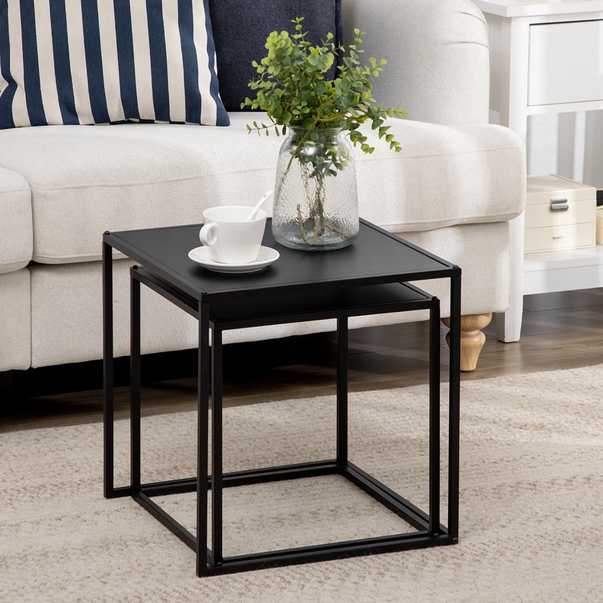 MODFU 2-delige bijzettafel set modern zwart staal - compacte tafels 40/35 cm, 10 kg draagvermogen