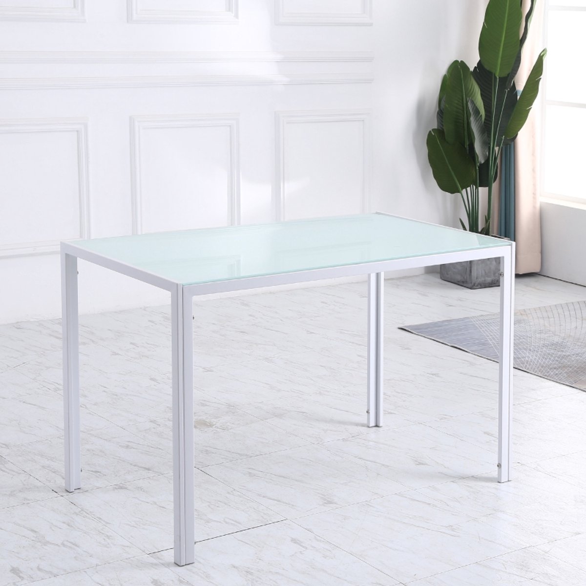 MODFU Eettafel gehard glas 120x60x75 cm wit, modern metalen frame, 4-persoons, 6mm glas