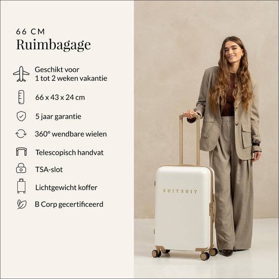SUITSUIT Reiskoffer 66x43x24 - Reiskoffer met wielen - Lichtgewicht koffer - Veilig TSA cijferslot - 59L koffer inhoud - Fusion Reiskoffers White Swan - Wit