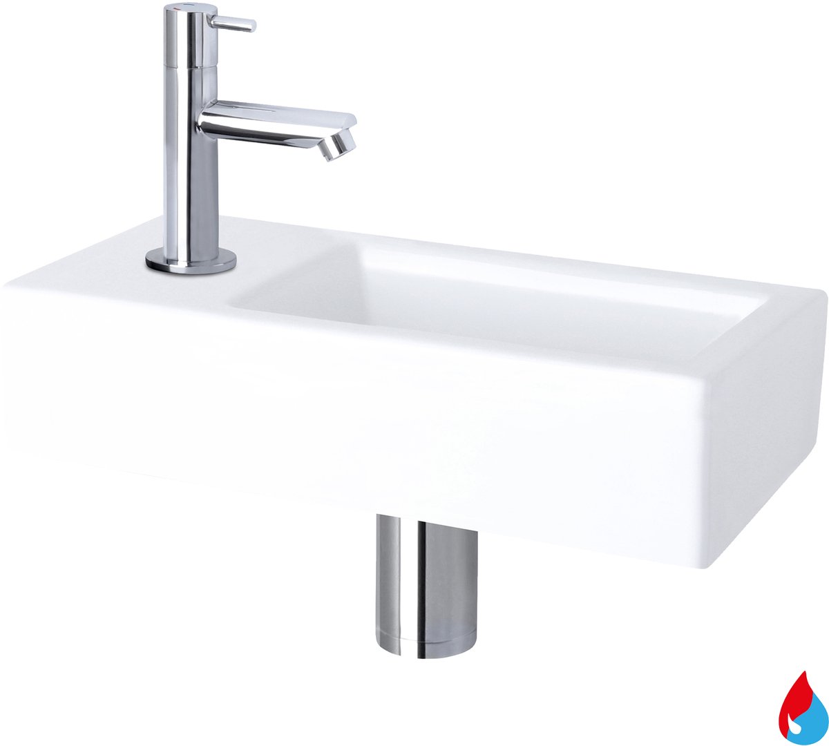 Differnz Helios fonteinset - keramiek wit - warm/koud kraan recht chroom - kraan links - always open afvoerplug - 37.5 x 18.5 x 9 cm