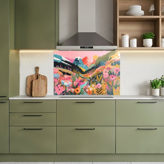 Spatscherm 80x55 cm - Zelfklevende achterwand Rivier - Diepte - Bloemen - Keuken muurbeschermer - Spatwand fornuis