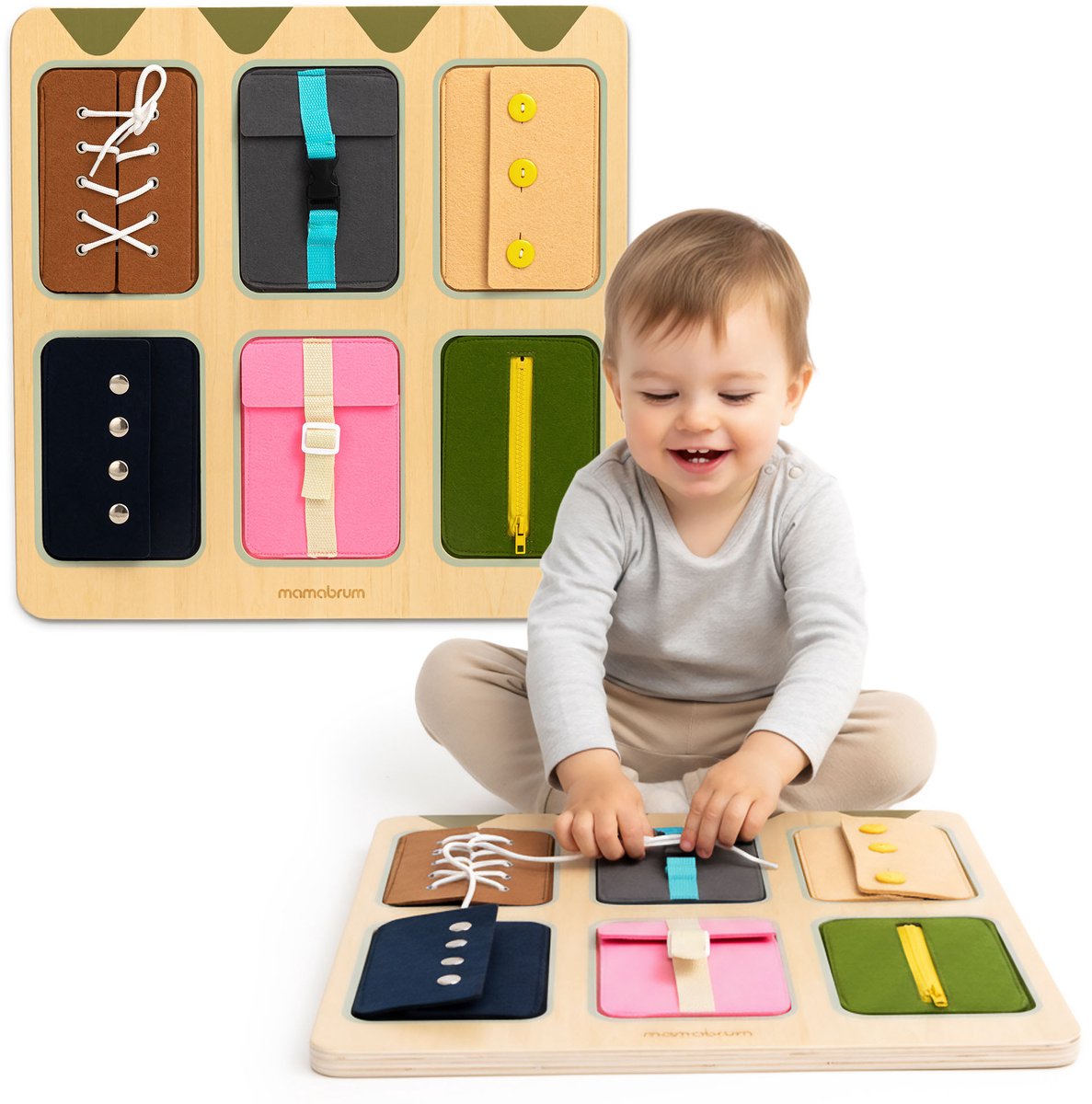 Mamabrum Houten Montessori Activiteitenbord met Rits, Veters, Knopen en Sluitingen – Rustige Sensorische Oefenruimte voor Zelfstandigheid