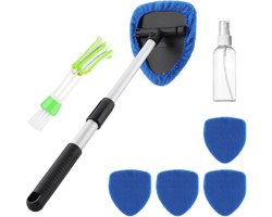 Autoreinigingsset - Inclusief 4 wasbare reinigingspads - Geschikt voor het reinigen van de binnenkant van voorruiten, ruitenreiniger met telescopische stang en 180° draaibare handgreep - Multifunctioneel reinigingsgereedschap (blauw)